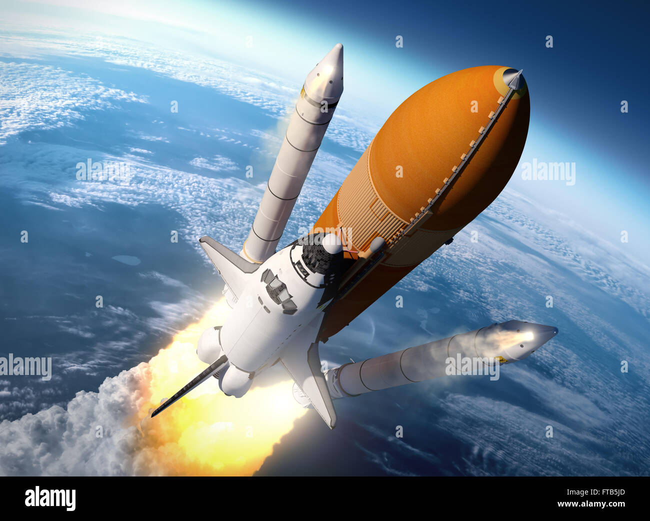 Space Shuttle a razzo a propellente solido Separazione dei booster. Scena 3d. Foto Stock