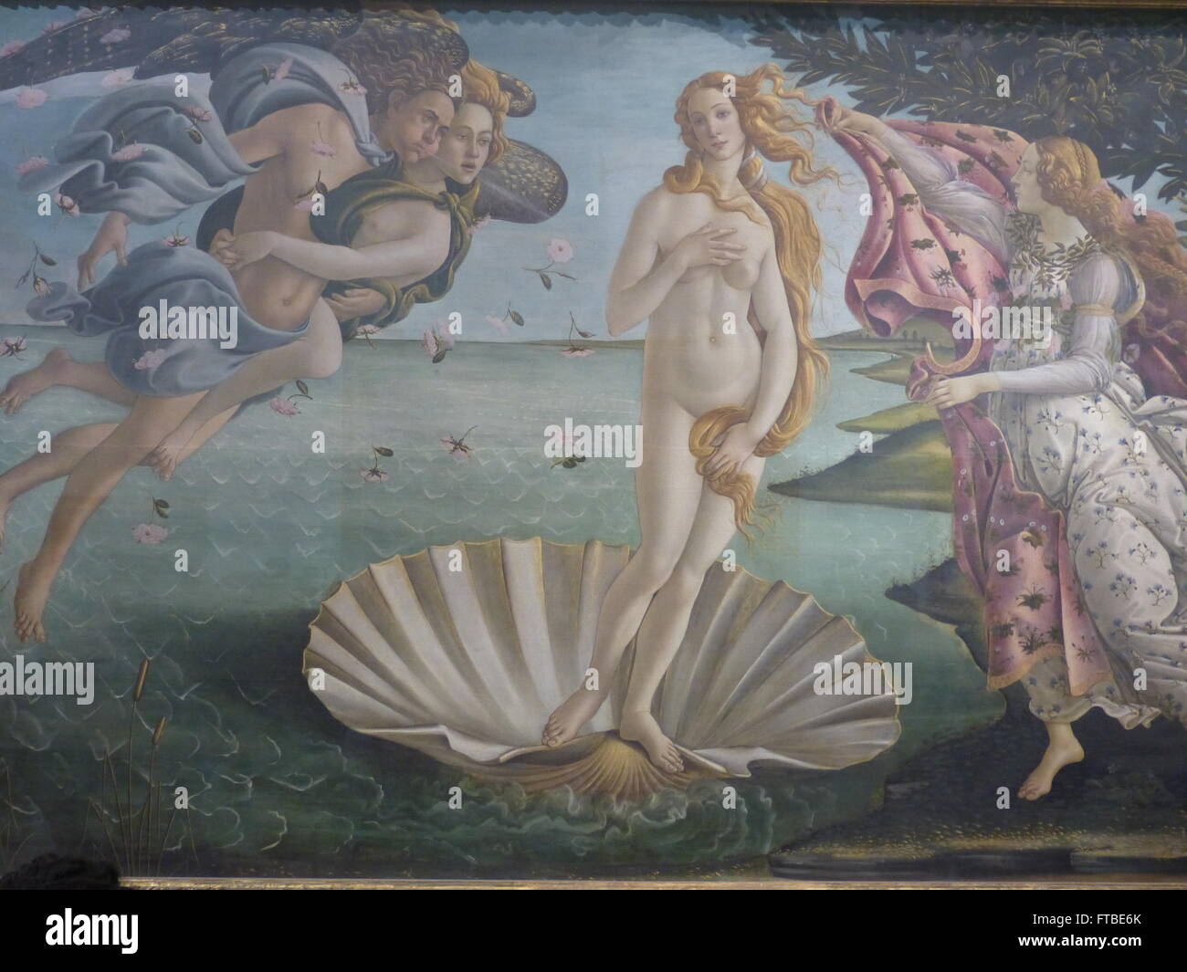 Vista di alta pittura rinascimentale della Nascita di Venere di Sandro Botticelli Foto Stock