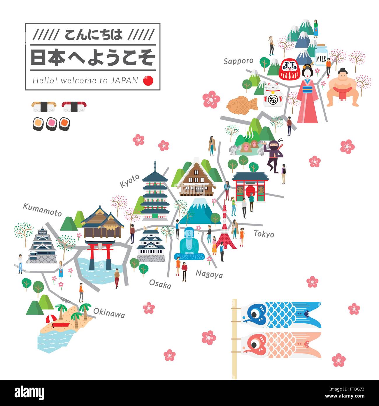 Bella Giappone mappa di viaggio - Ciao e benvenuti in Giappone in giapponese Illustrazione Vettoriale Bella Giappone mappa di viaggio - Ciao e benvenuti in Giappone in giapponese Illustrazione Vettoriale