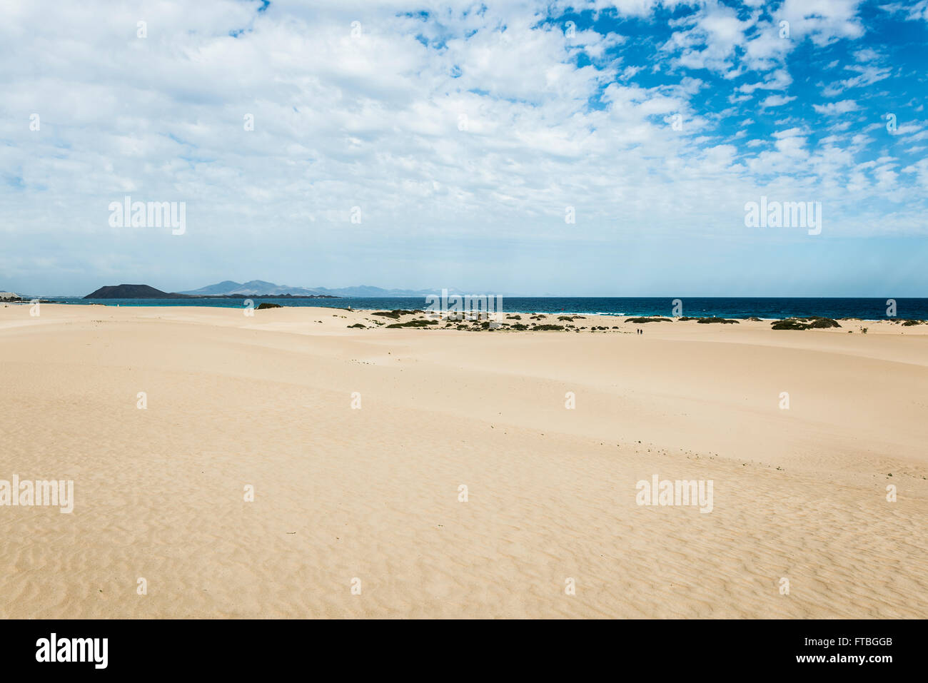 Dune contro il mare blu, Dune di Corralejo parco naturale, Corralejo, Fuerteventura, Isole Canarie, Spagna Foto Stock