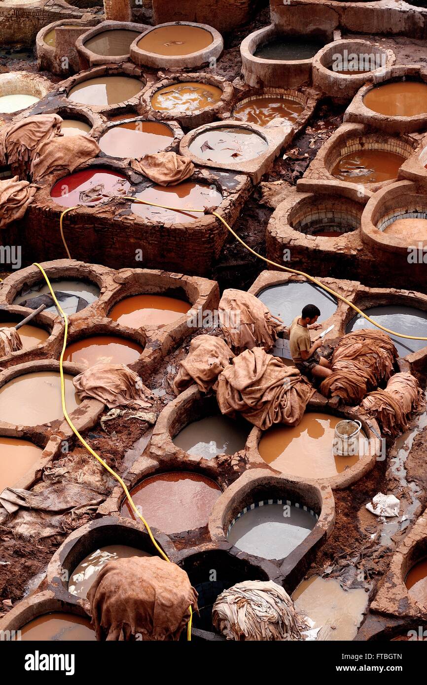 Un lavoratore marocchino coloranti a mano le pelli di animali con i serbatoi riempiti con i colori alla conceria Chouara all'interno del cuoio Souq Aprile 26, 2009 in Fez, in Marocco, Venerdì, 20 giugno 2014. L'antica Conceria ha operato a partire dal XI secolo e continua ad utilizzare le tecniche tradizionali e coloranti. Foto Stock