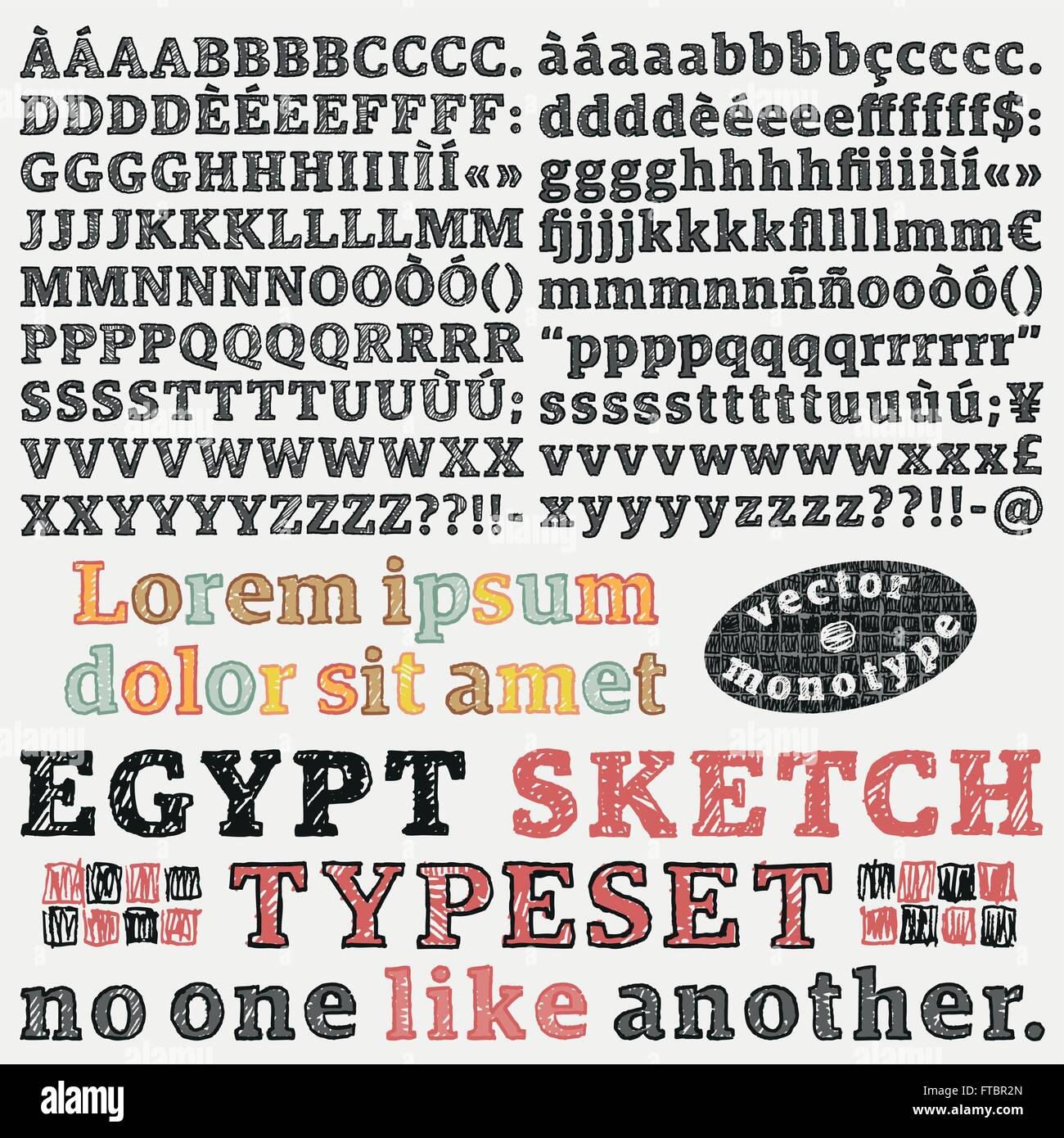 Slab serif abbozzato ricomposto stratificata per uso in due soluzione a colori. Quattro alternative per ogni glifo Foto Stock