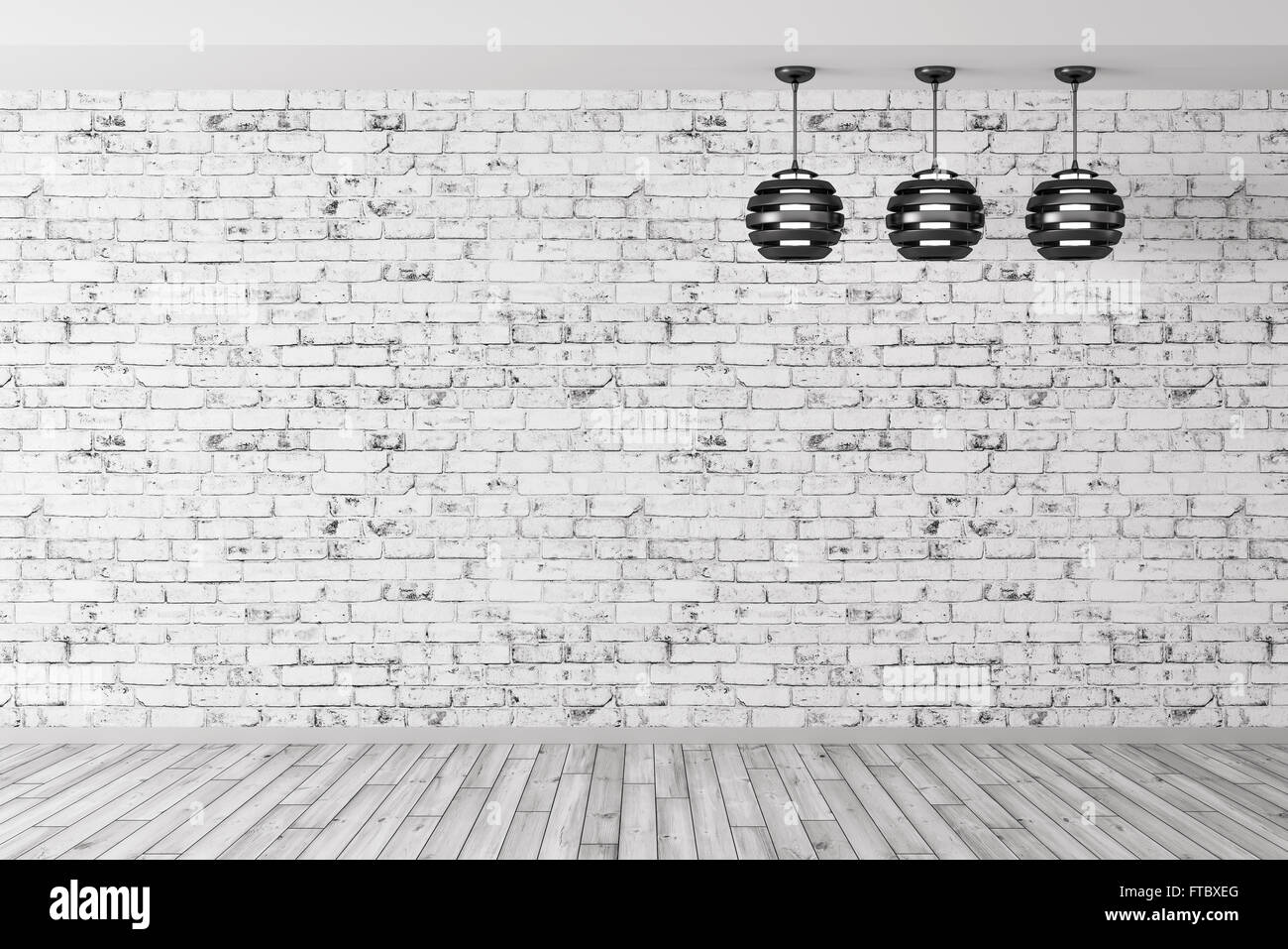 Camera con tre lampade contro di pareti di mattoni e pavimento in legno, sfondo Interni rendering 3D Foto Stock