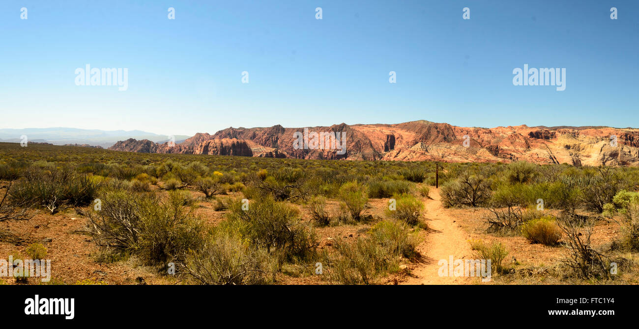 Percorso nel deserto che portano alle colline rocciose in distanza. Foto Stock