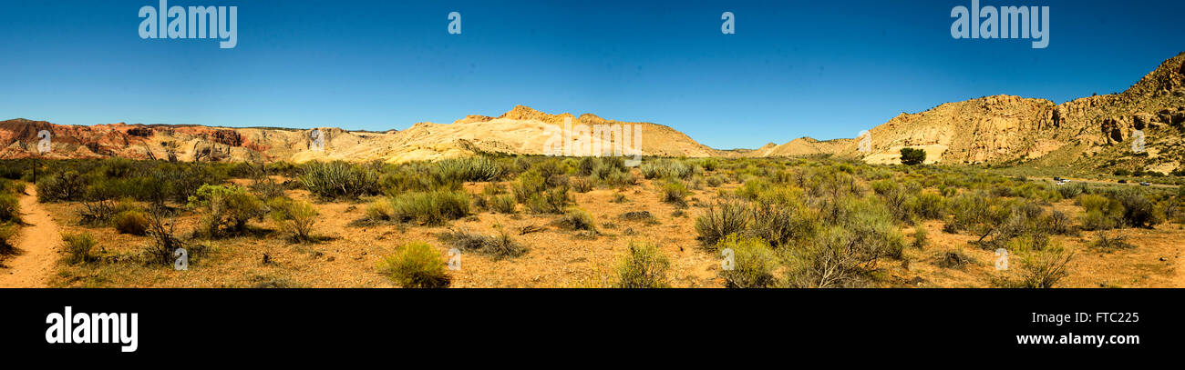 Percorso in arancione sabbia del deserto che portano alle colline rocciose. Foto Stock