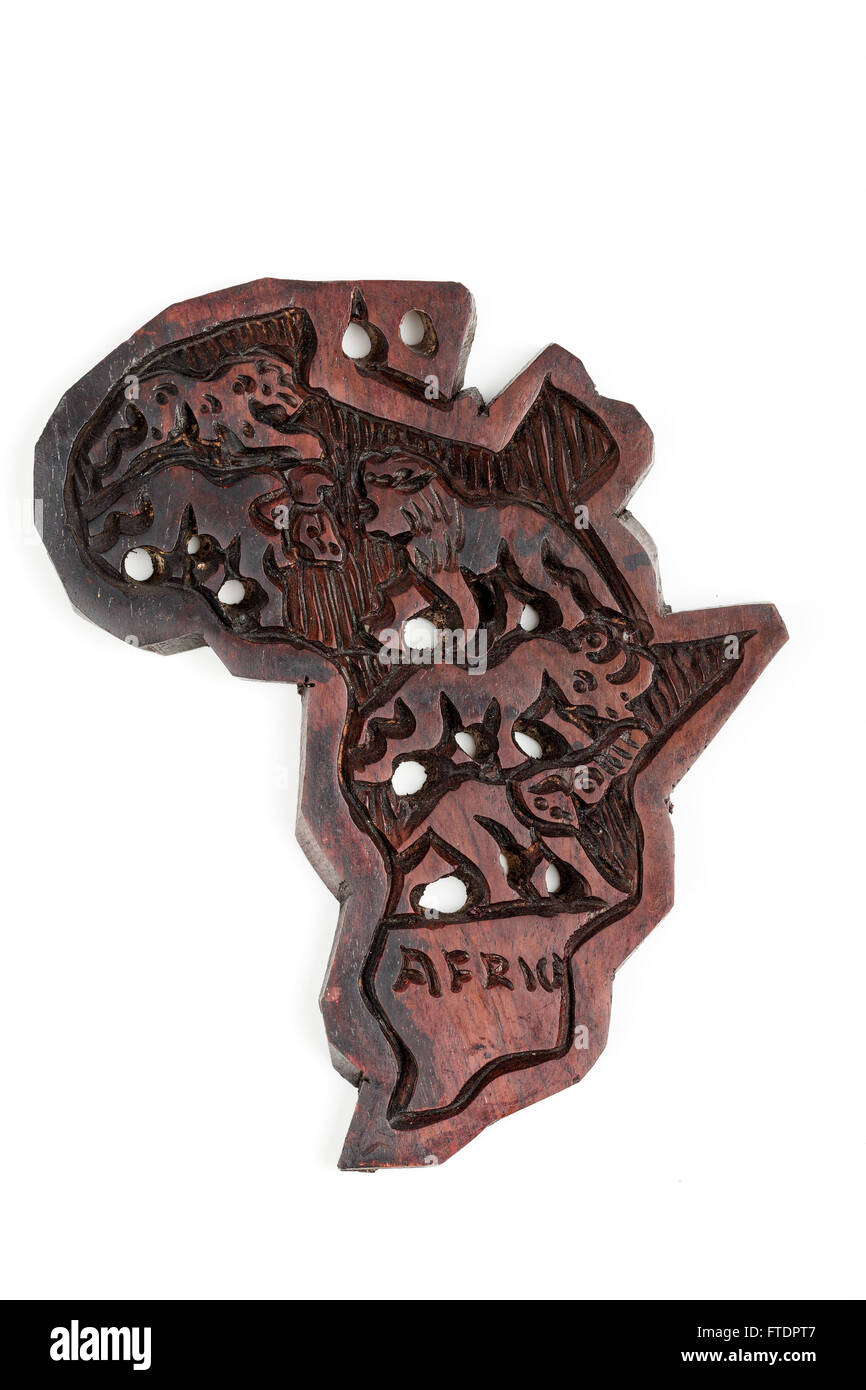 Mappa di legno del continente africano con animali silhouette, cinque grandi Foto Stock