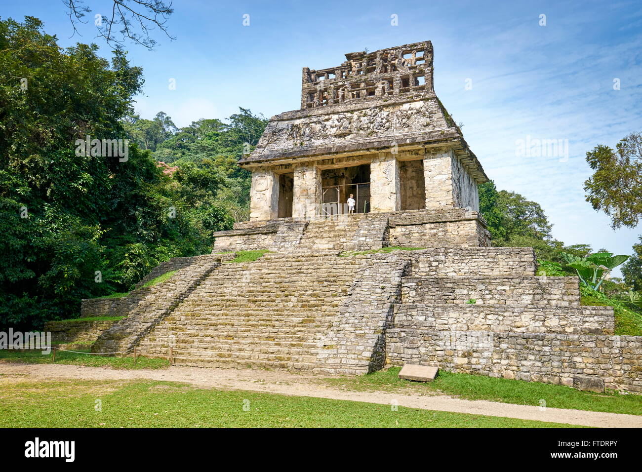 Il Tempio del Sole, antica città maya di Palenque, Chiapas, Messico Foto Stock