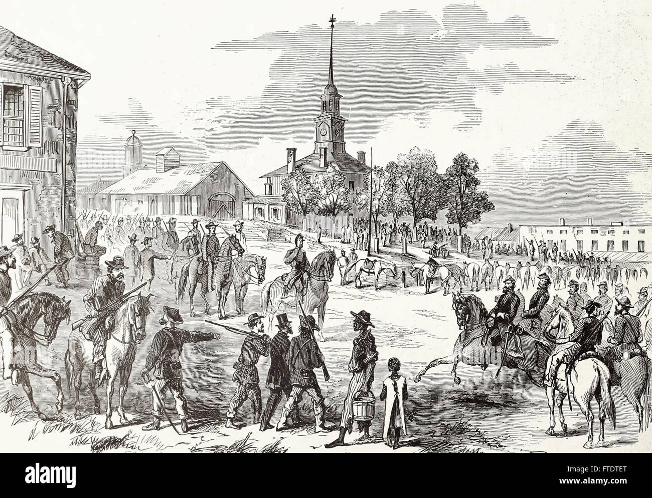 Il Raid in Kentucky - i confederati Morgan con i suoi guerriglieri bivouacking Nella Courthouse Square, Parigi, Bourbon County, dopo la riscossione dei contributi per gli abitanti. USA LA GUERRA CIVILE Foto Stock