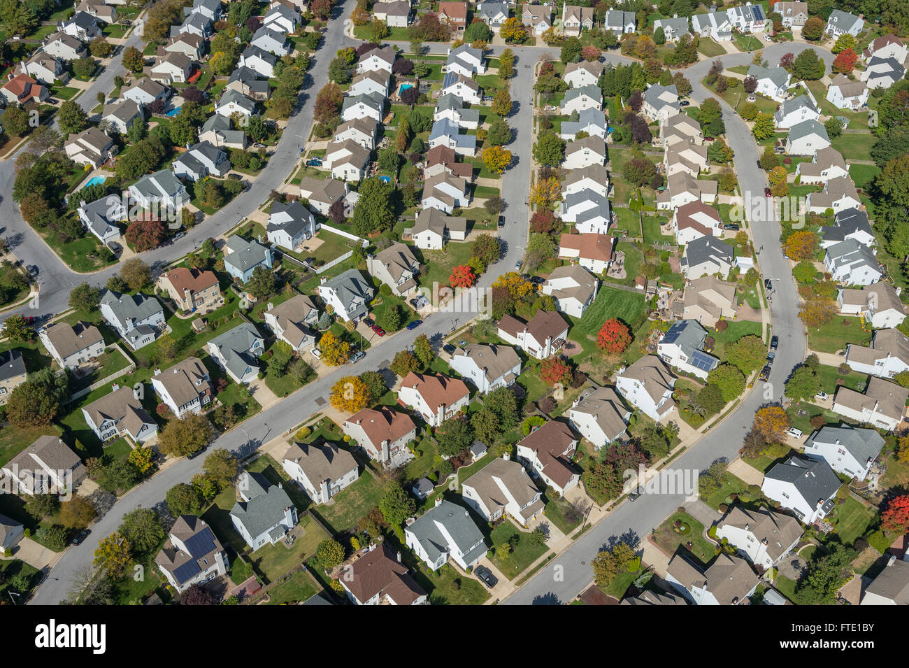 Vista aerea della zona residenziale di case nella zona suburbana, New Jersey, STATI UNITI D'AMERICA Foto Stock