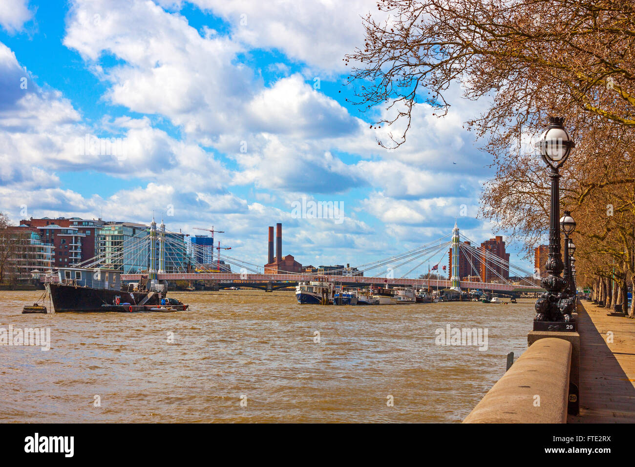 Il ponte di Albert e il fiume Tamigi, Chelsea Embankment, Londra Foto Stock