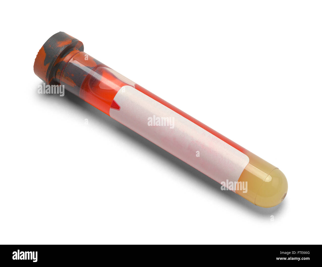 Fiala di sangue con copia spazio su etichetta isolati su sfondo bianco. Foto Stock