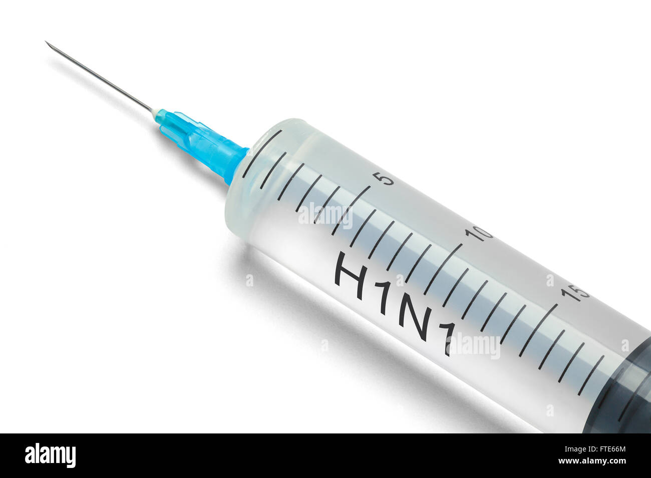 Siringa di grandi dimensioni con Word H1N1 isolato su sfondo bianco. Foto Stock