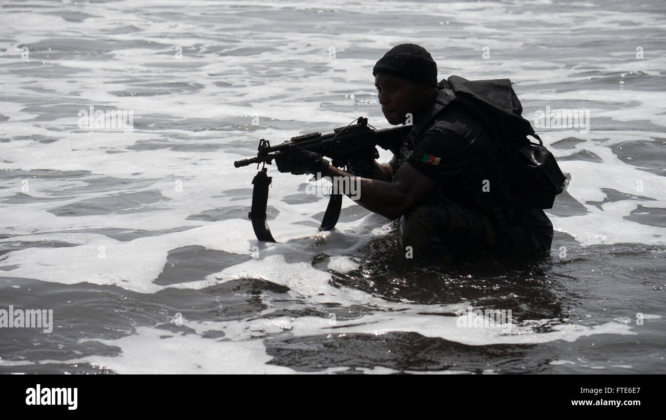 160322-A-VY429-001 Idenau, Cameroun (21 marzo 2016) del Camerun e della Nigeria forze speciali gruppi di collaborare durante Obangame/sahariana 2016 Express (OESE16). Obangame/Saharan Express, uno dei tre African Regional Express series esercizi facilitata dalla U.S. Forze Navali/Europa-africa U.S. Sesta flotta, mira a rafforzare la cooperazione regionale, dominio marittimo la sensibilizzazione, la condivisione di informazioni pratiche e migliorare l'interoperabilità tra le forze che partecipano al fine di migliorare la sicurezza marittima e la stabilità economica regionale. (U.S. Foto dell'esercito da SSG Lea Anne Cuatt/rilasciato) Foto Stock