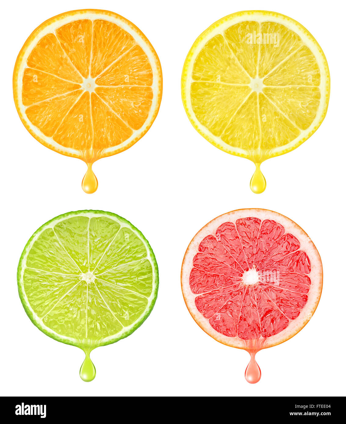 Fette di agrumi con goccia di succo isolato su bianco con tracciato di ritaglio Foto Stock
