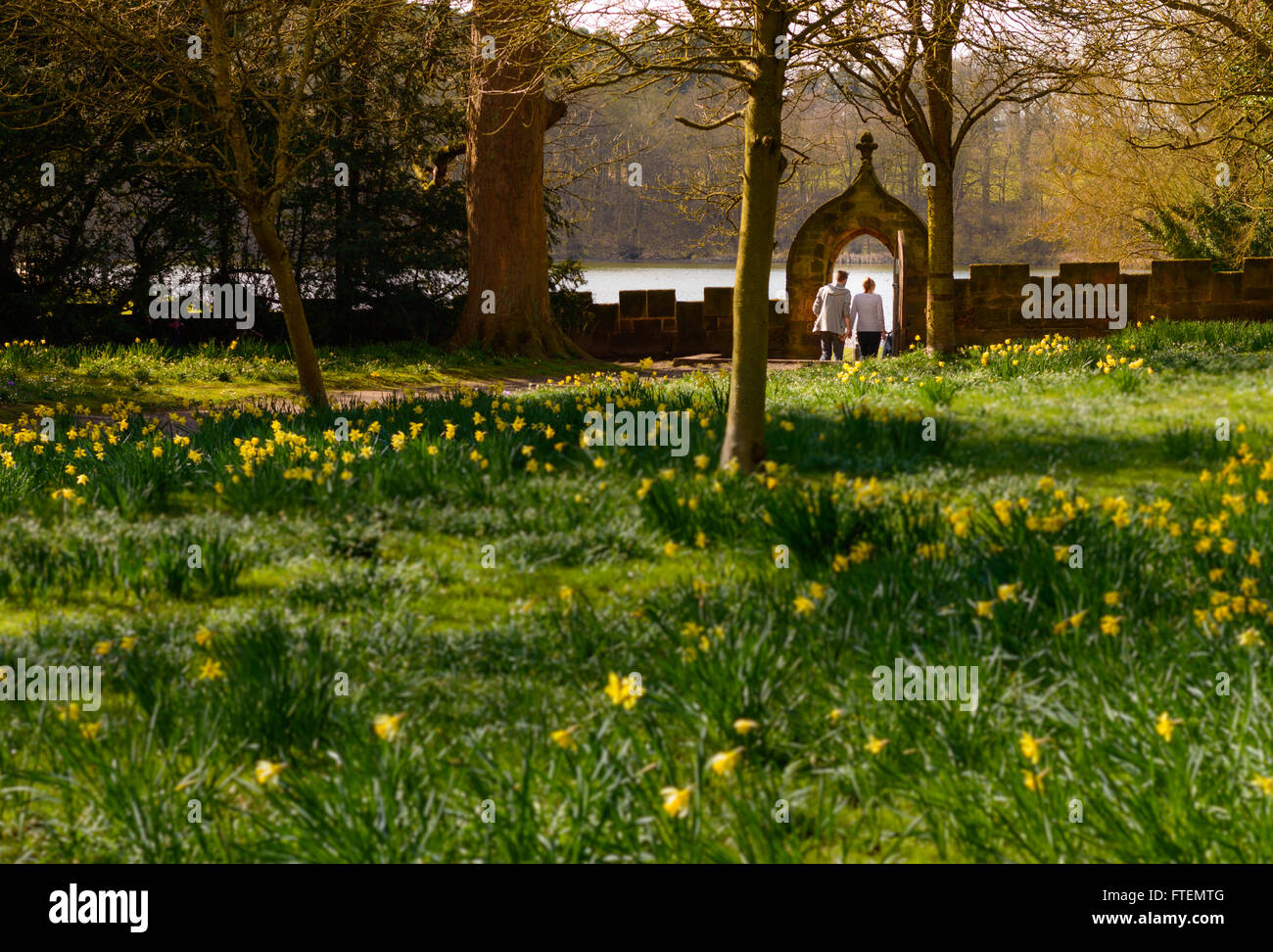 Due giovani adulti caucasica circa 20-30 anni tenere le mani su una romantica passeggiata nei giardini a Newstead Abbey Foto Stock