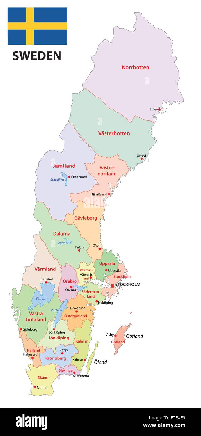 La Svezia mappa amministrativa con bandiera Illustrazione Vettoriale