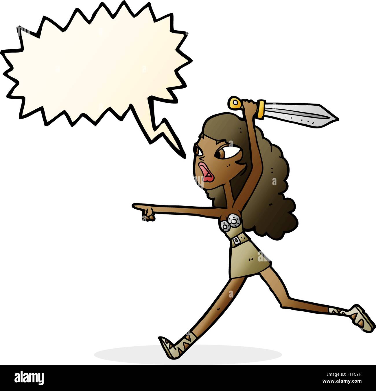 Cartoon ragazza con la spada con discorso bolla Illustrazione Vettoriale