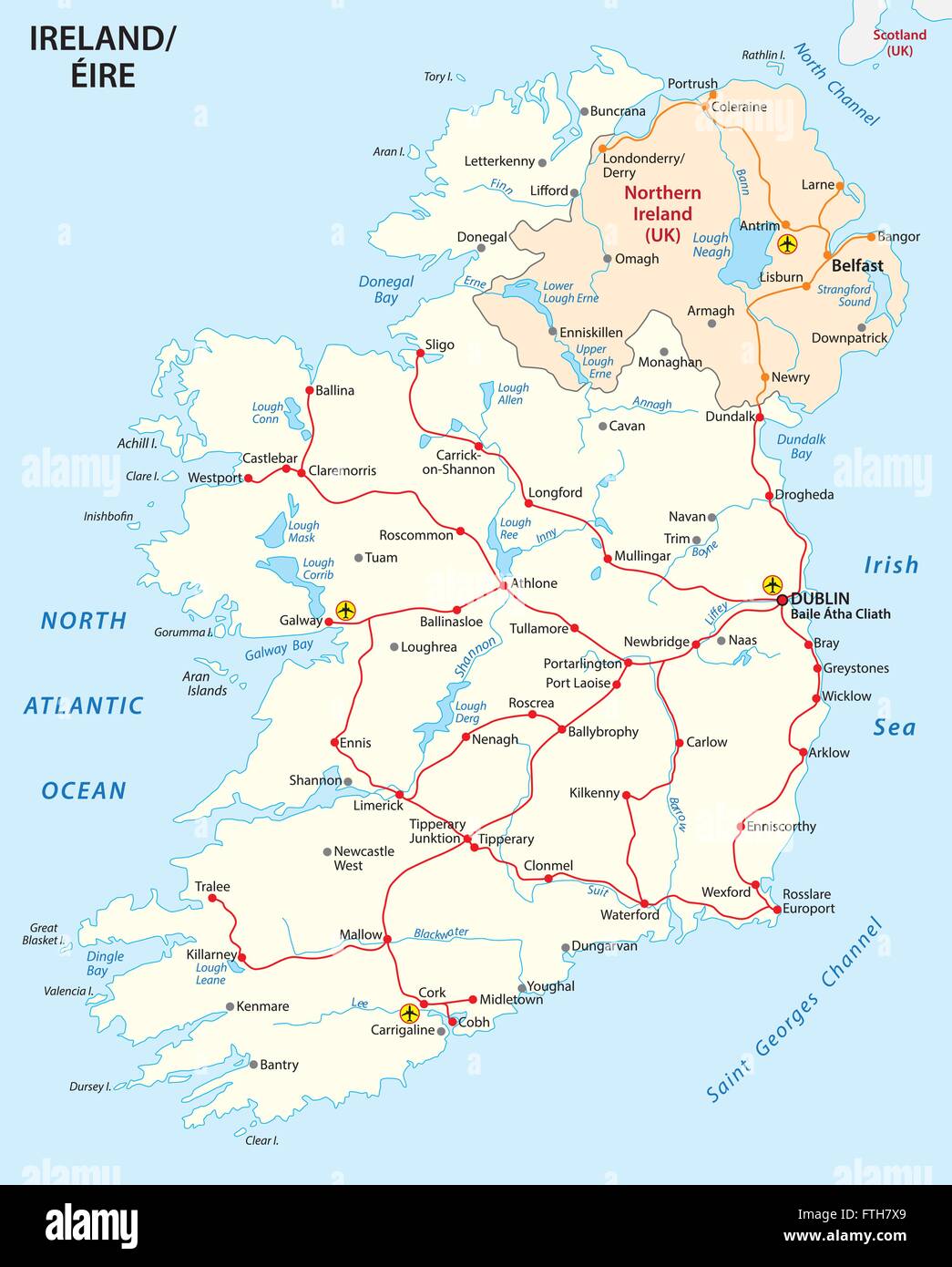 Mappa di Irlanda con la rete railroute Illustrazione Vettoriale