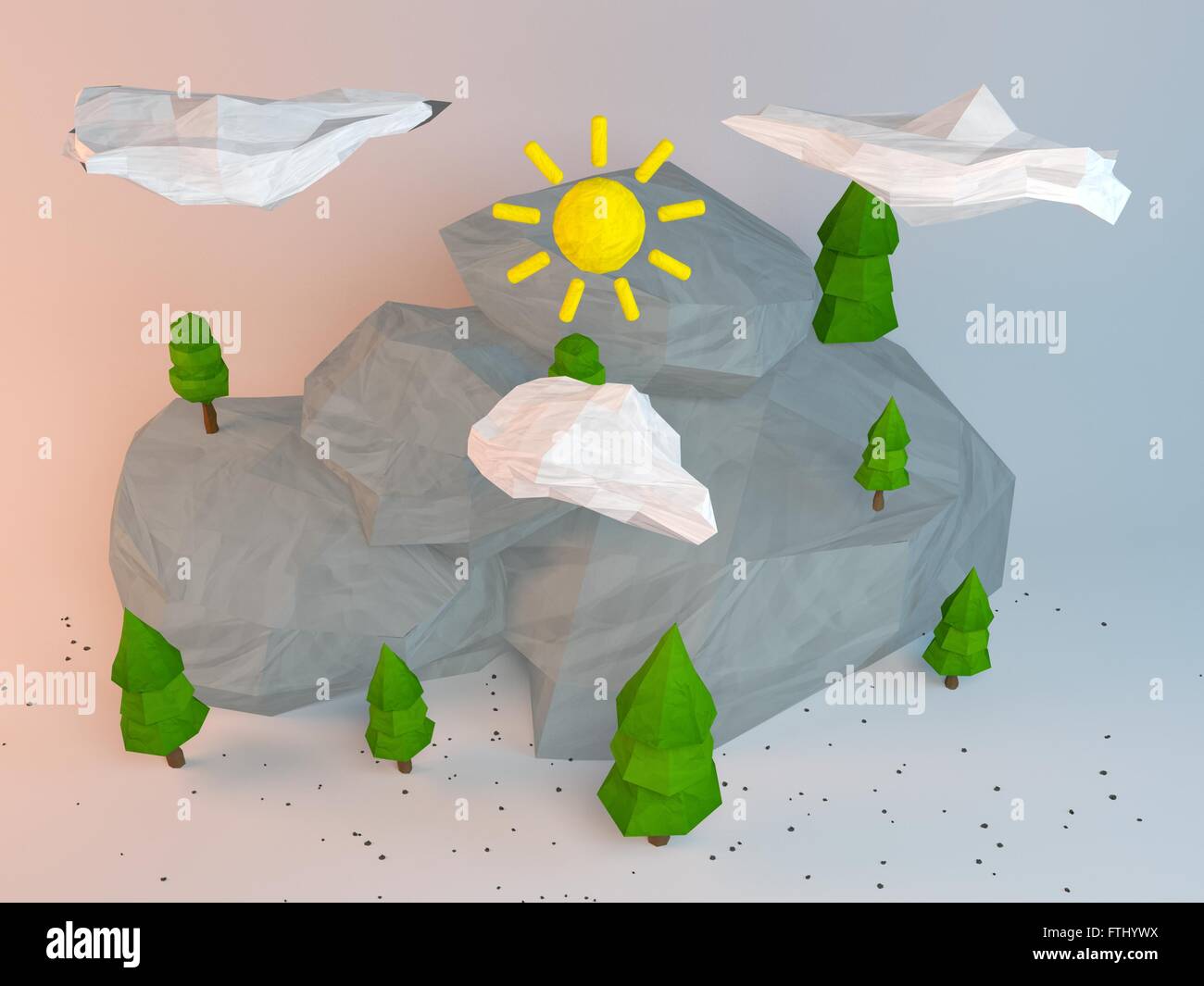 3d gruppo di bassa poli stilizzata alberi e rocce. Oggetti in spot di luce morbida. Cartoon colorati elementi geometrici con reali Foto Stock