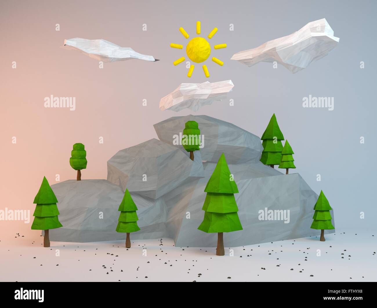 3d gruppo di bassa poli stilizzata alberi e rocce. Oggetti in spot di luce morbida. Cartoon colorati elementi geometrici con reali Foto Stock