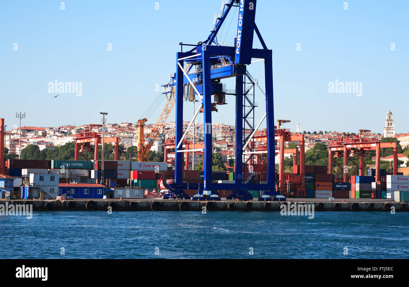 Istanbul, Turchia - 7 luglio 2015. Panorama con cielo blu, il mare e il porto di contenitore. Primo piano della Big Blue Crane Foto Stock
