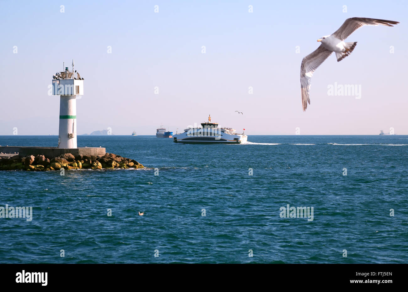 Faro in mare sullo sfondo con gull e navi. Sul Bosforo, Turchia Foto Stock