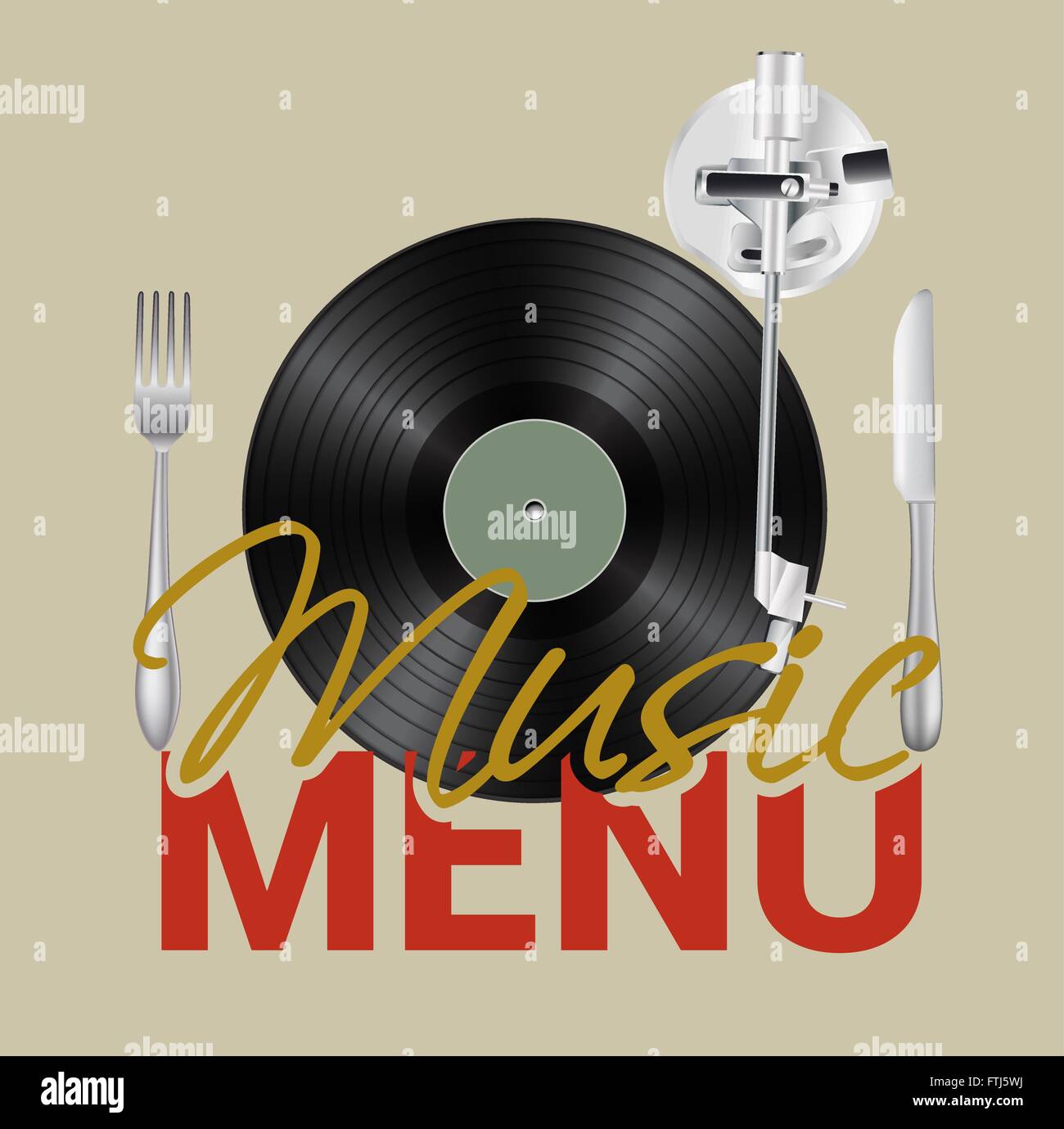 Menu musica con vinile, coltello ,forcella concetto di sfondo. Vettore Illustrazione Vettoriale