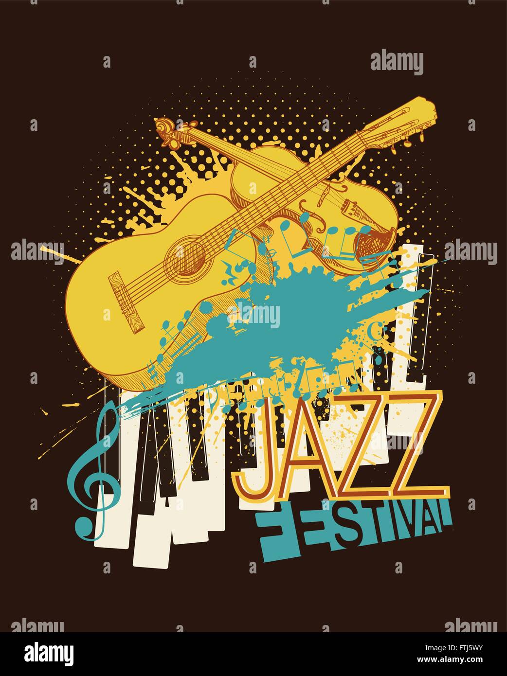 Festival di musica Jazz poster con violino, tasti di pianoforte e chitarra disegni sullo sfondo dei mezzitoni con macchie di vernice. vettore Illustrazione Vettoriale