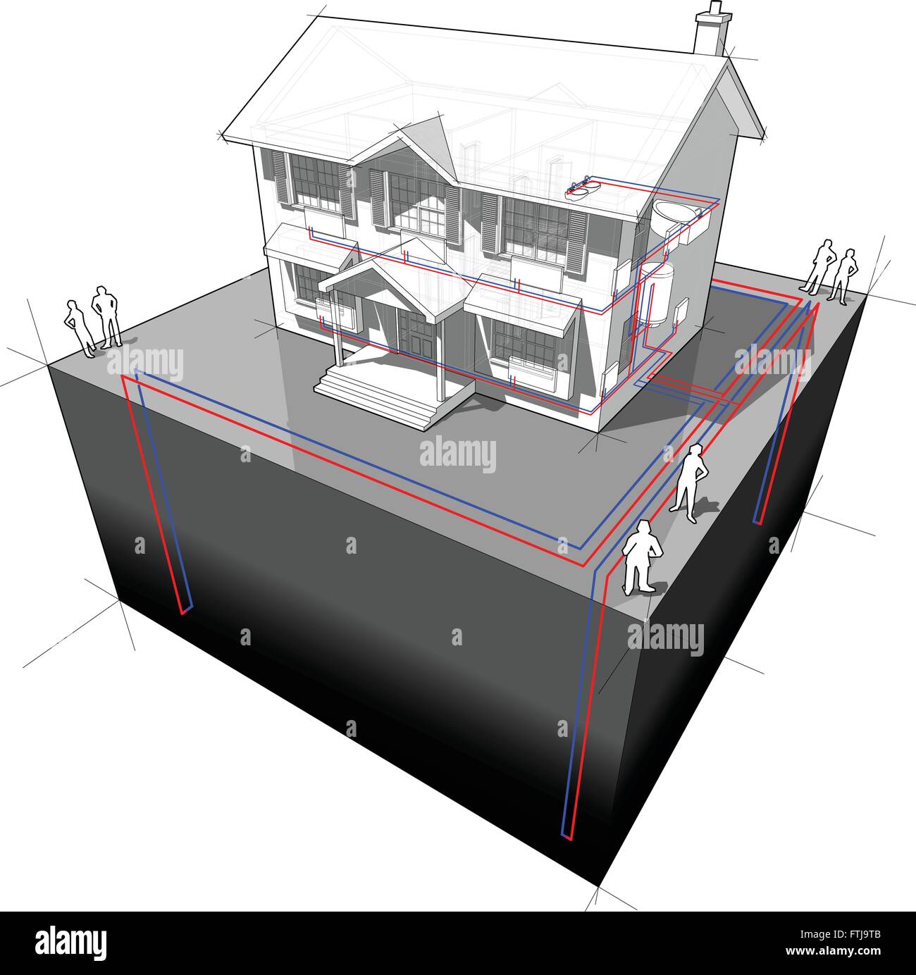 Classic casa coloniale con massa sorgente di pompa di calore con 4 pozzetti come fonte di energia per il riscaldamento e radiatori Illustrazione Vettoriale