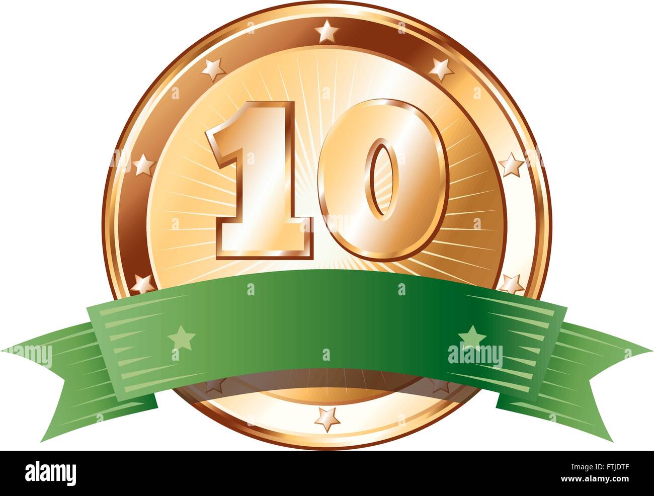 Round a forma di cerchio badge di metallo / sigillo di approvazione nel bronzo un look con un nastro di verde e il numero dieci. Illustrazione Vettoriale