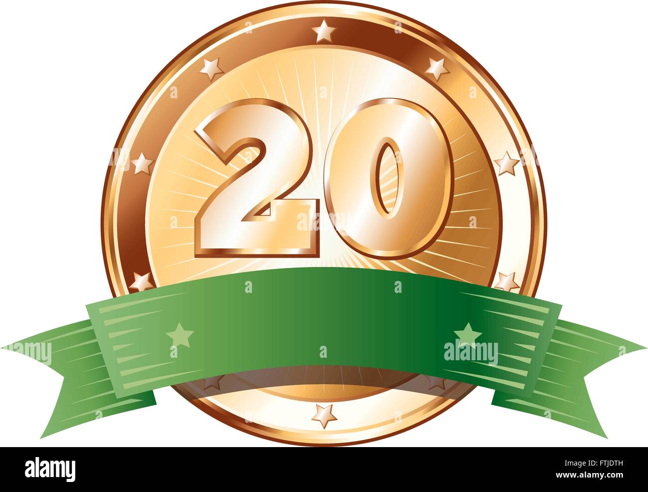 Round a forma di cerchio badge di metallo / sigillo di approvazione nel bronzo un look con un nastro di verde e il numero venti. Illustrazione Vettoriale