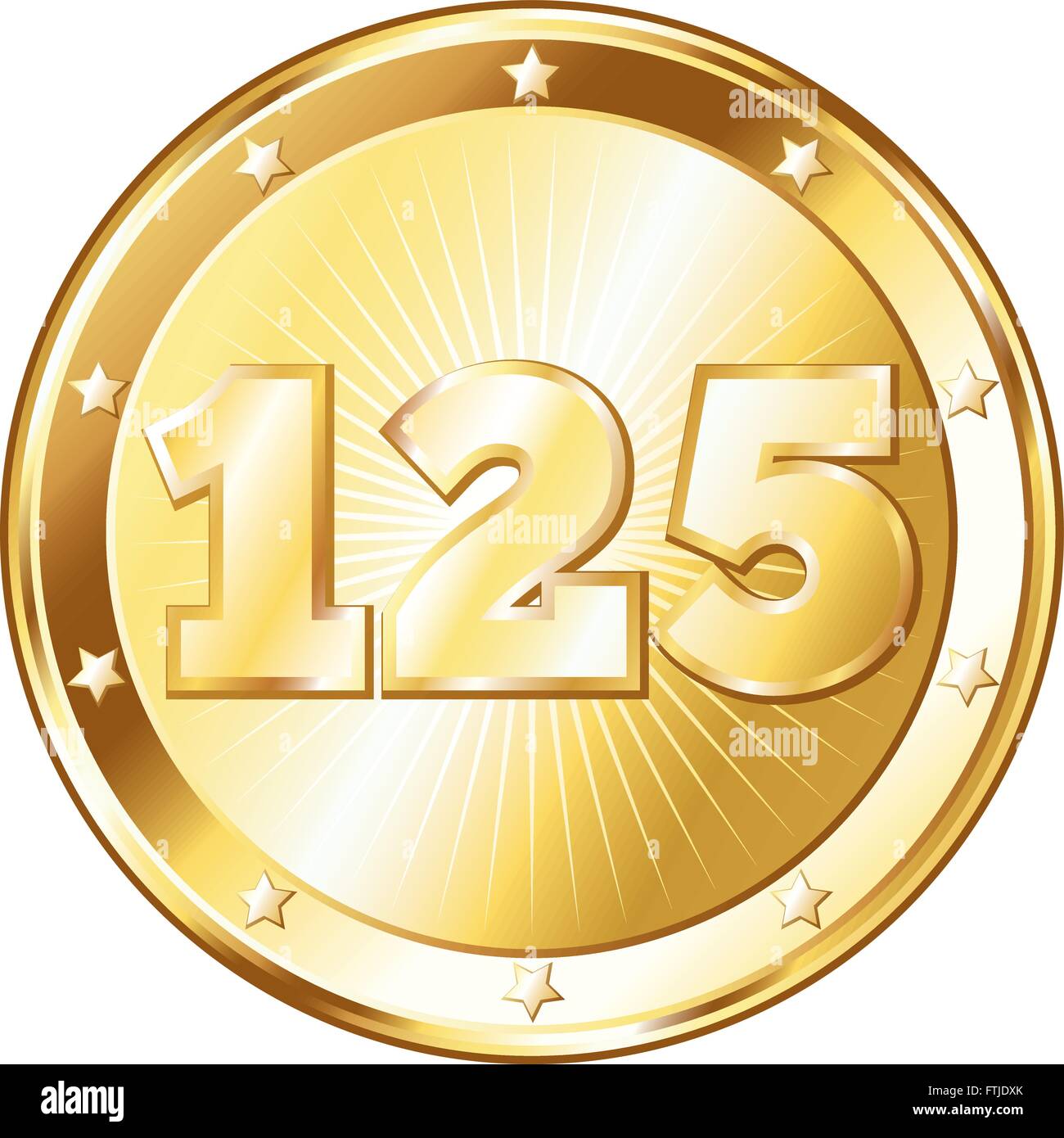 Round a forma di cerchio badge di metallo / sigillo di approvazione in un look d'oro e il numero di un centinaio di venticinque. Illustrazione Vettoriale