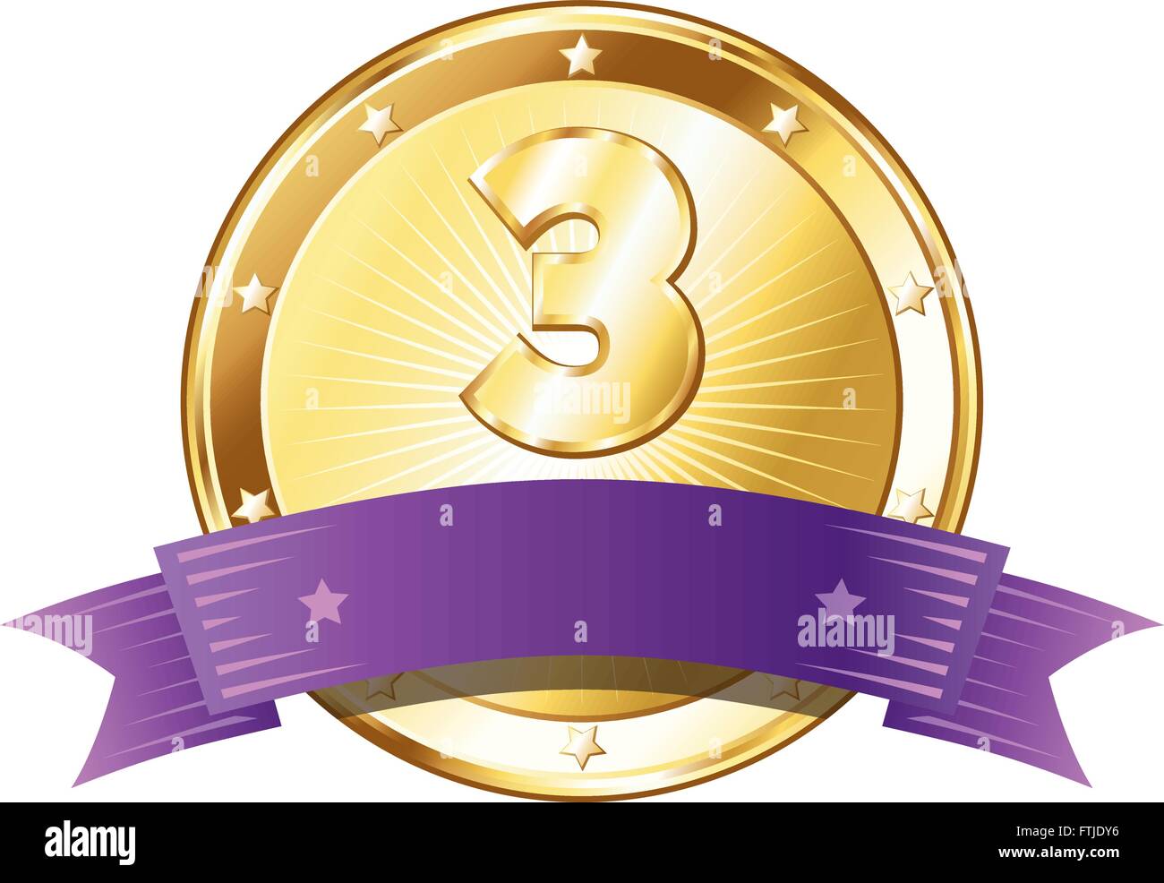 Round a forma di cerchio badge di metallo / sigillo di approvazione in un look d'oro con un nastro di colore viola e il numero tre. Illustrazione Vettoriale