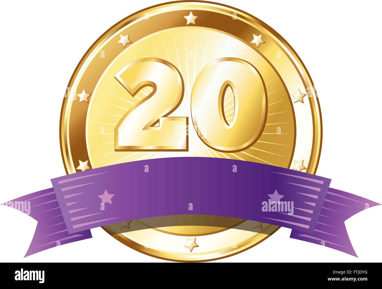 Round a forma di cerchio badge di metallo / sigillo di approvazione in un look d'oro con un nastro di colore viola e il numero venti. Illustrazione Vettoriale