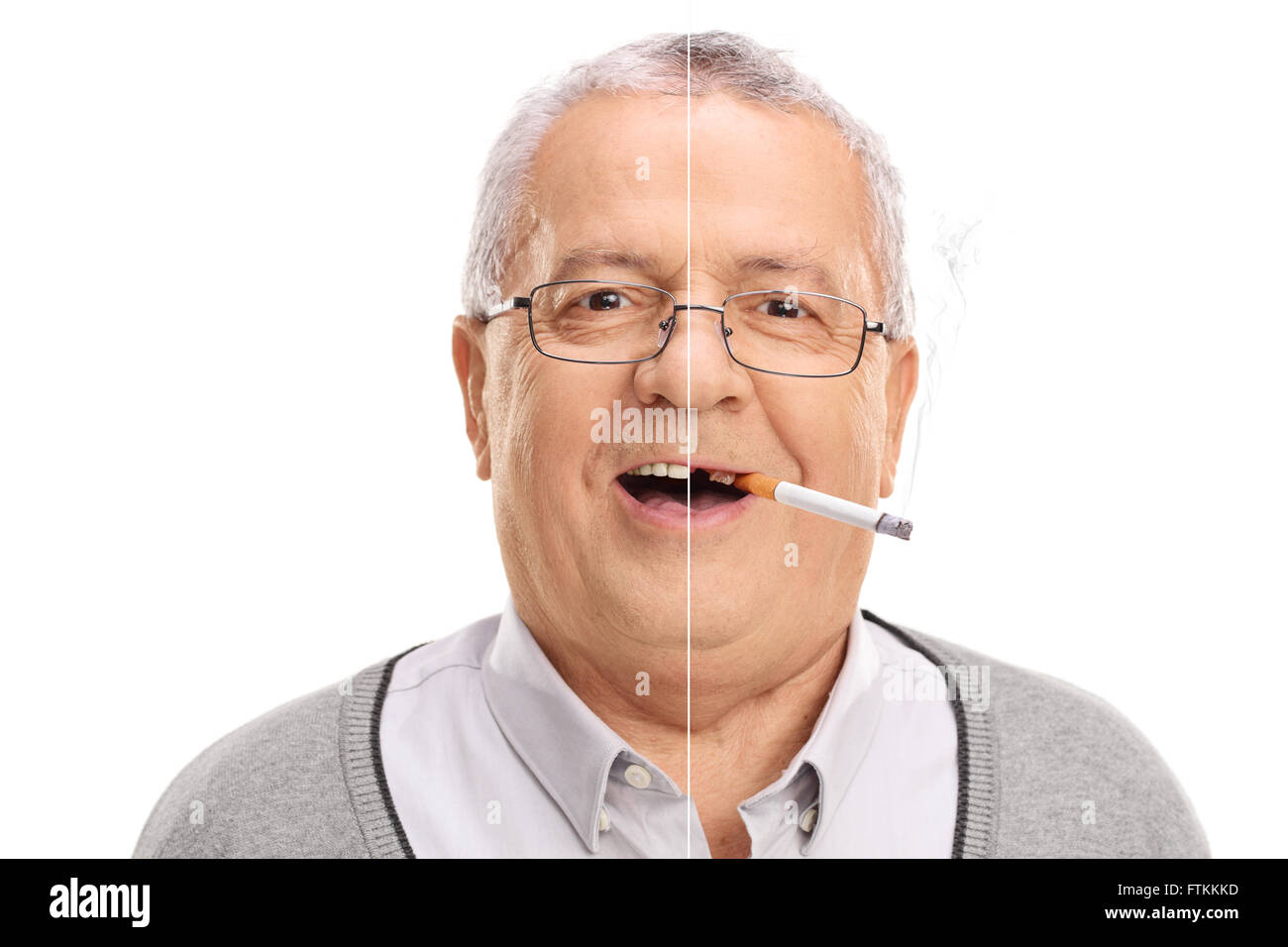 Prima e dopo aver fumato foto di un allegro senior uomo isolato su sfondo bianco Foto Stock