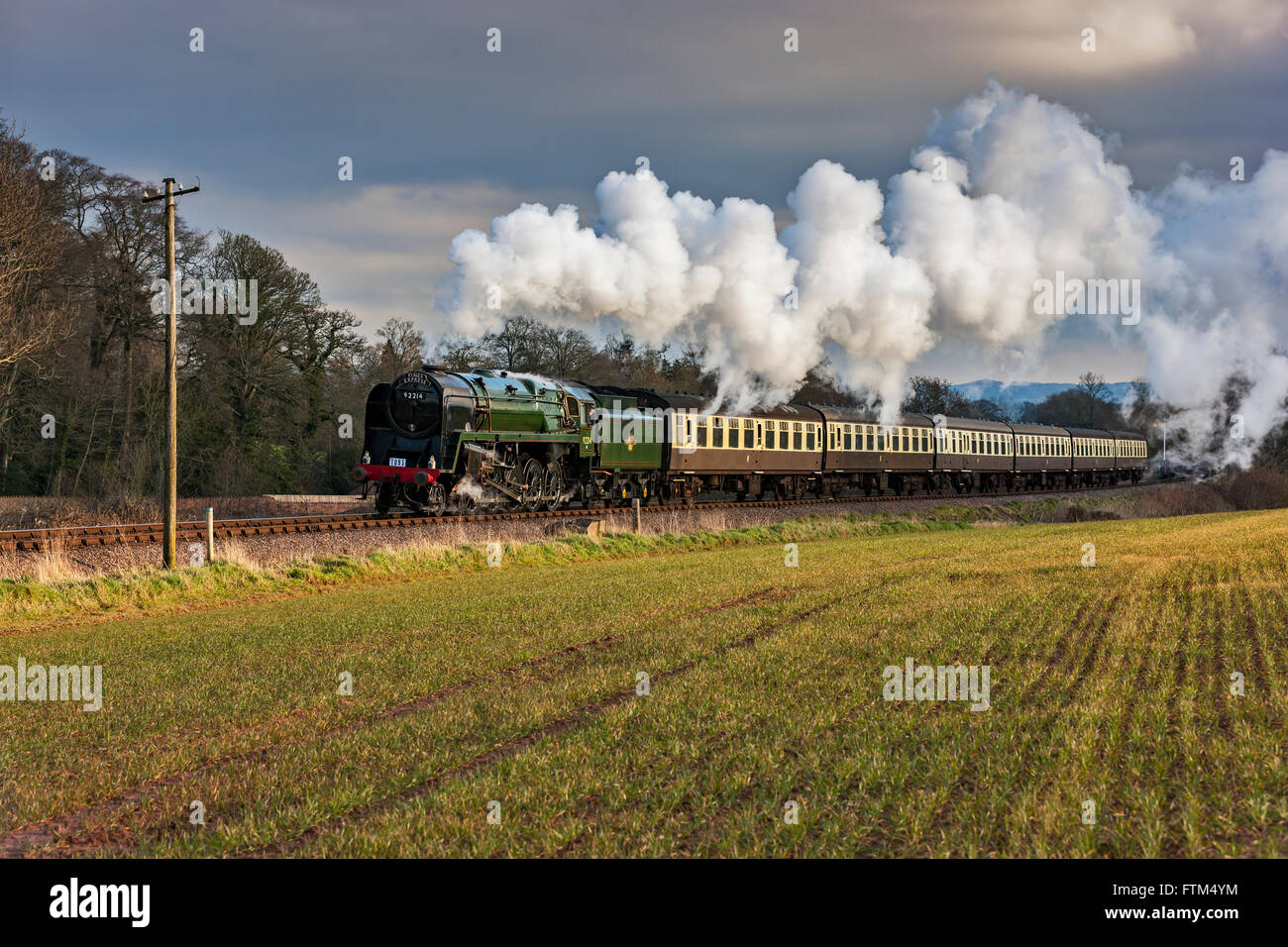 West Somerset Railway, Il 9F trasporta i pini Express lungo Watersmeet. Basta lasciare i Vescovi Lydeard. Foto Stock