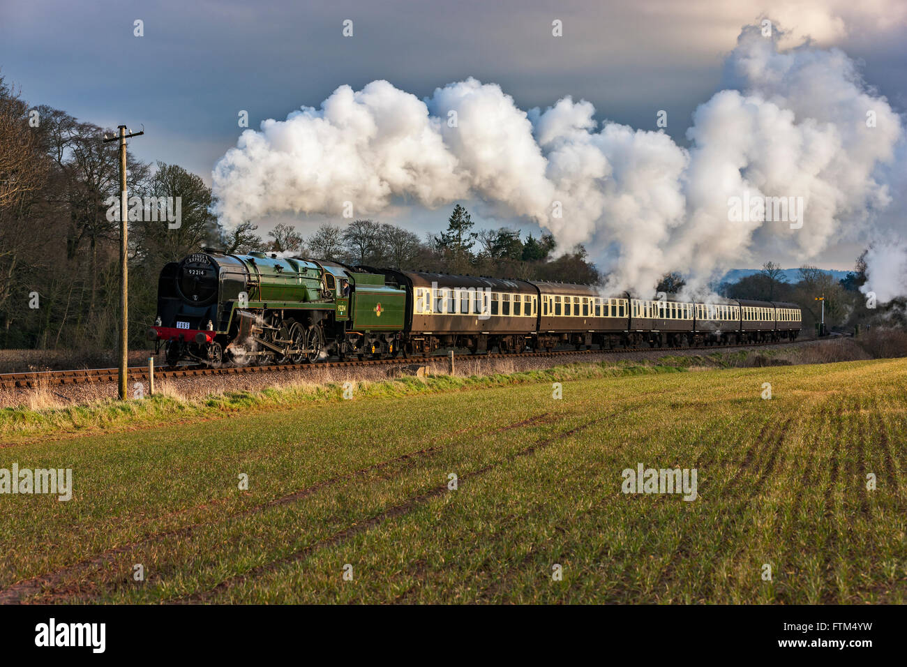 West Somerset Railway, Il 9F trasporta i pini Express lungo Watersmeet. Basta lasciare i Vescovi Lydeard. Foto Stock