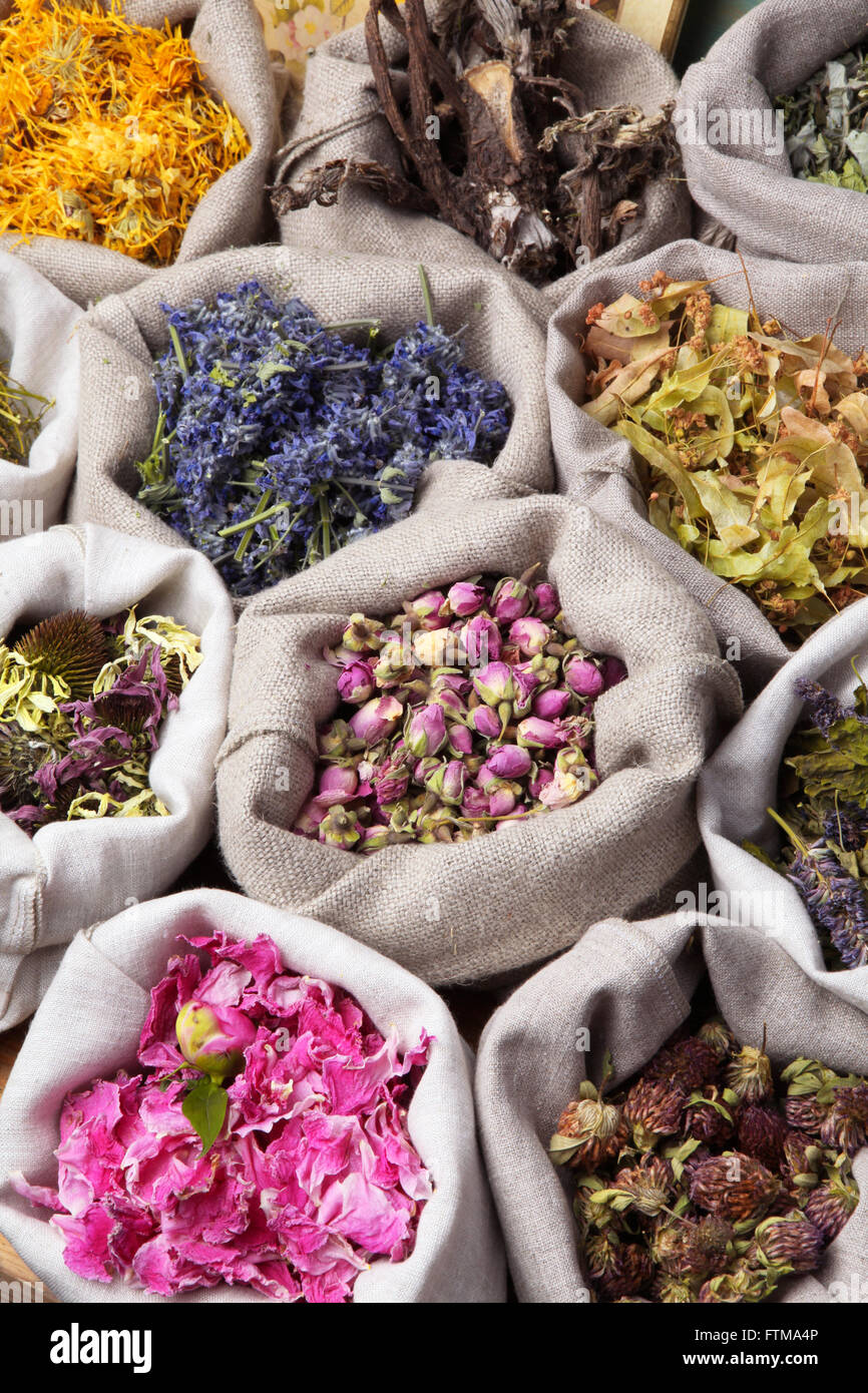 La guarigione di erbe mediche in un lino sacchi Foto Stock