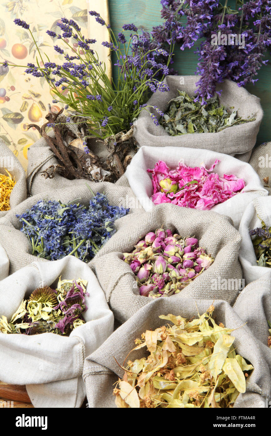 La guarigione di erbe mediche in un lino sacchi. Foto Stock