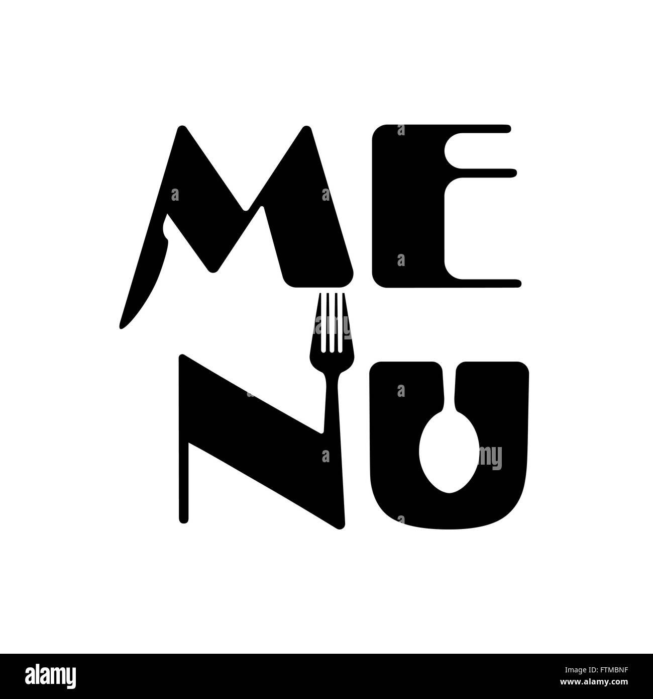 Cucina creativa parola menu elementi del logo design con cucchiaio, coltello e forchetta.fast food logo,cibo e bevande concetto.illustrazione vettoriale Illustrazione Vettoriale