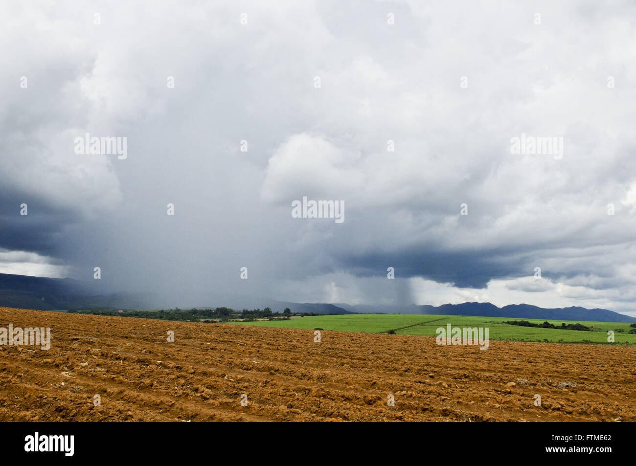 La pioggia della campagna con le piantagioni di canna da zucchero e della Serra da Canastra incidentali Foto Stock