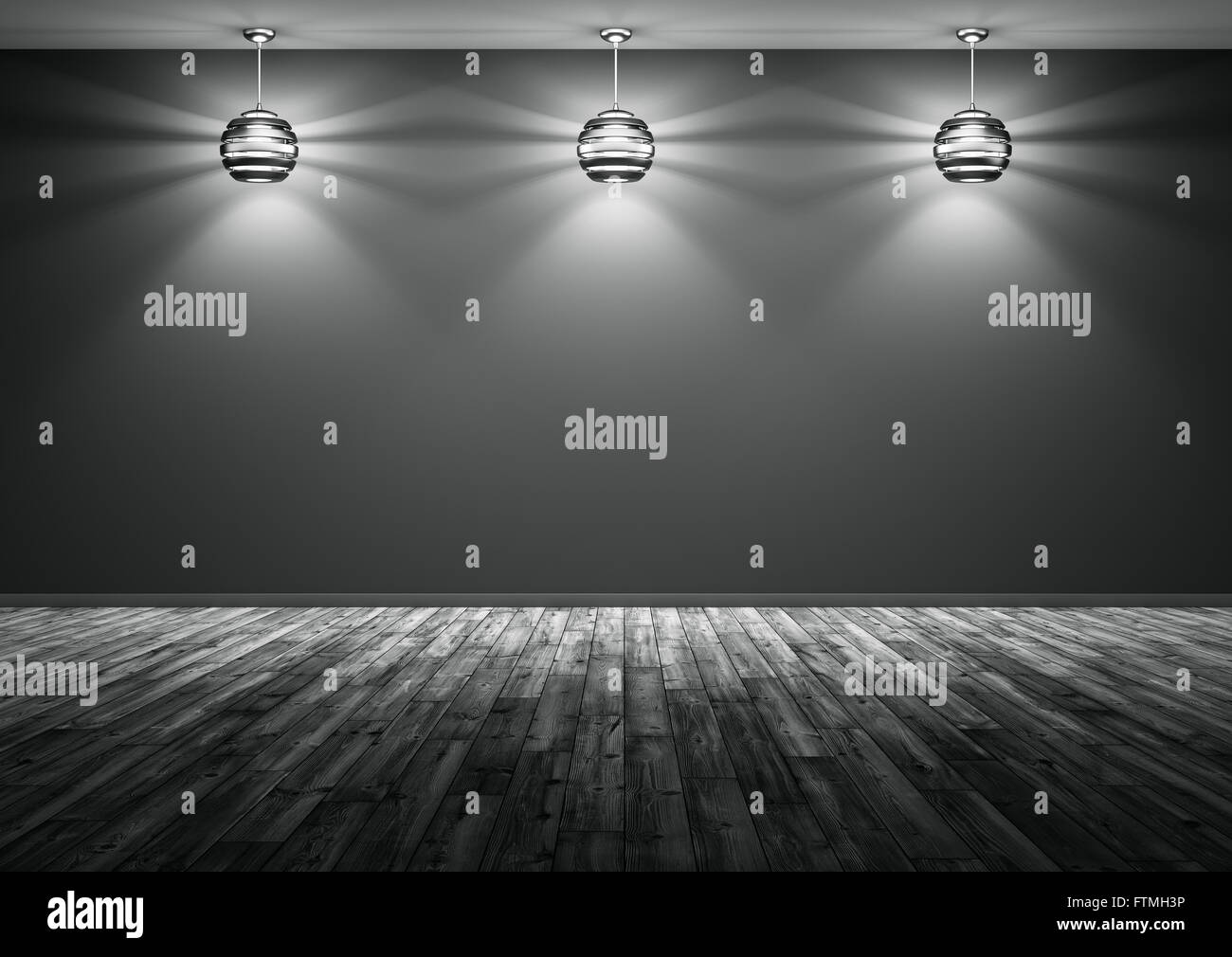 Camera con tre lampade contro di muro nero, pavimento in legno,notte sfondo Interni rendering 3D Foto Stock