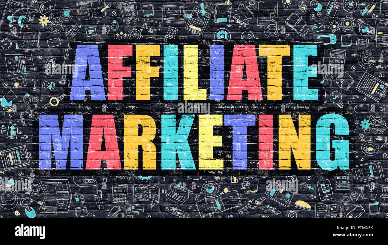 Affiliate Marketing concetto. Multicolor su Brickwall scuro. Foto Stock