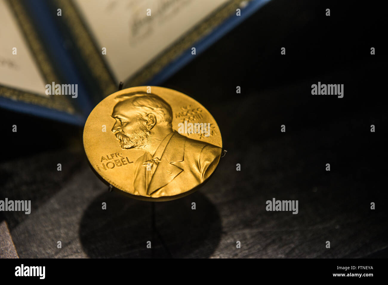 Un'immagine d'oro del Premio Nobel decora la parte anteriore del Museo della Scienza di Singapore, Foto Stock