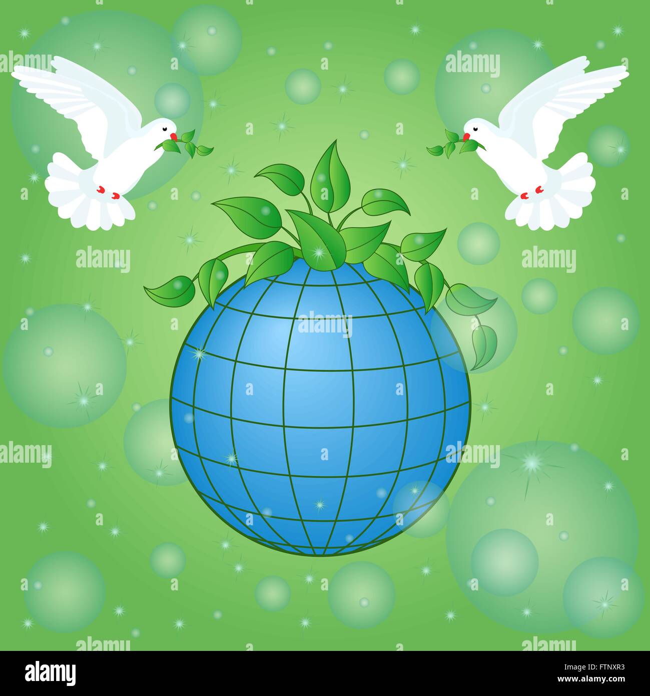 La Giornata della Terra verde disegno vettoriale con stilizzata blu il pianeta Terra e piccioni con ramoscello di pace nel becco Illustrazione Vettoriale