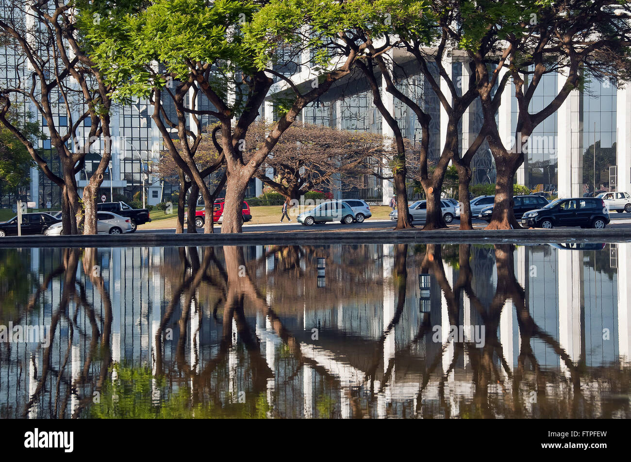 La riflessione di alberi nel lago artificiale della Praca do Buriti e traffico di veicoli Foto Stock