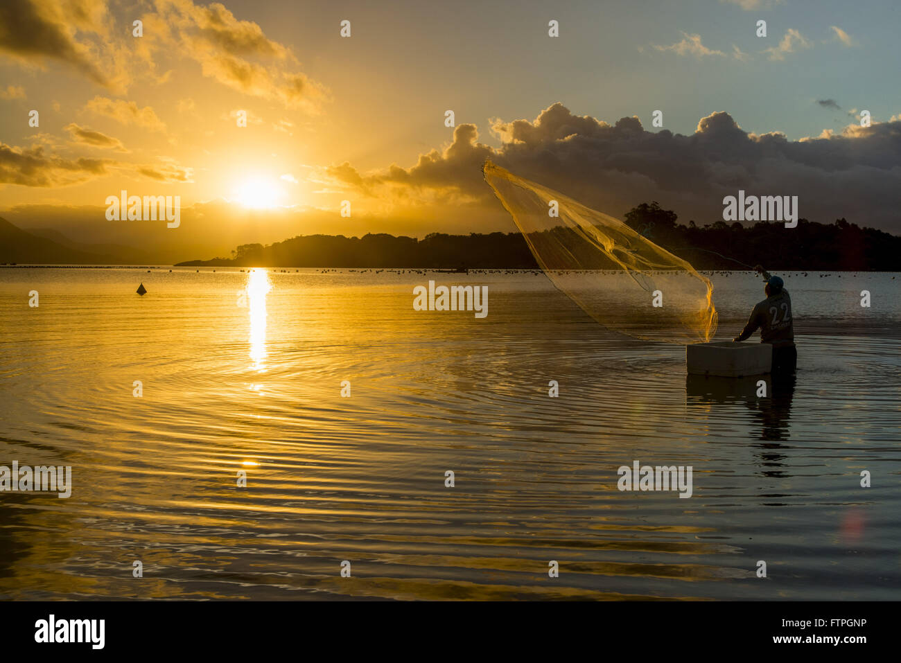 Pescatore di gettare le reti colato al tramonto sulla spiaggia di Ribeirao da Ilha Foto Stock