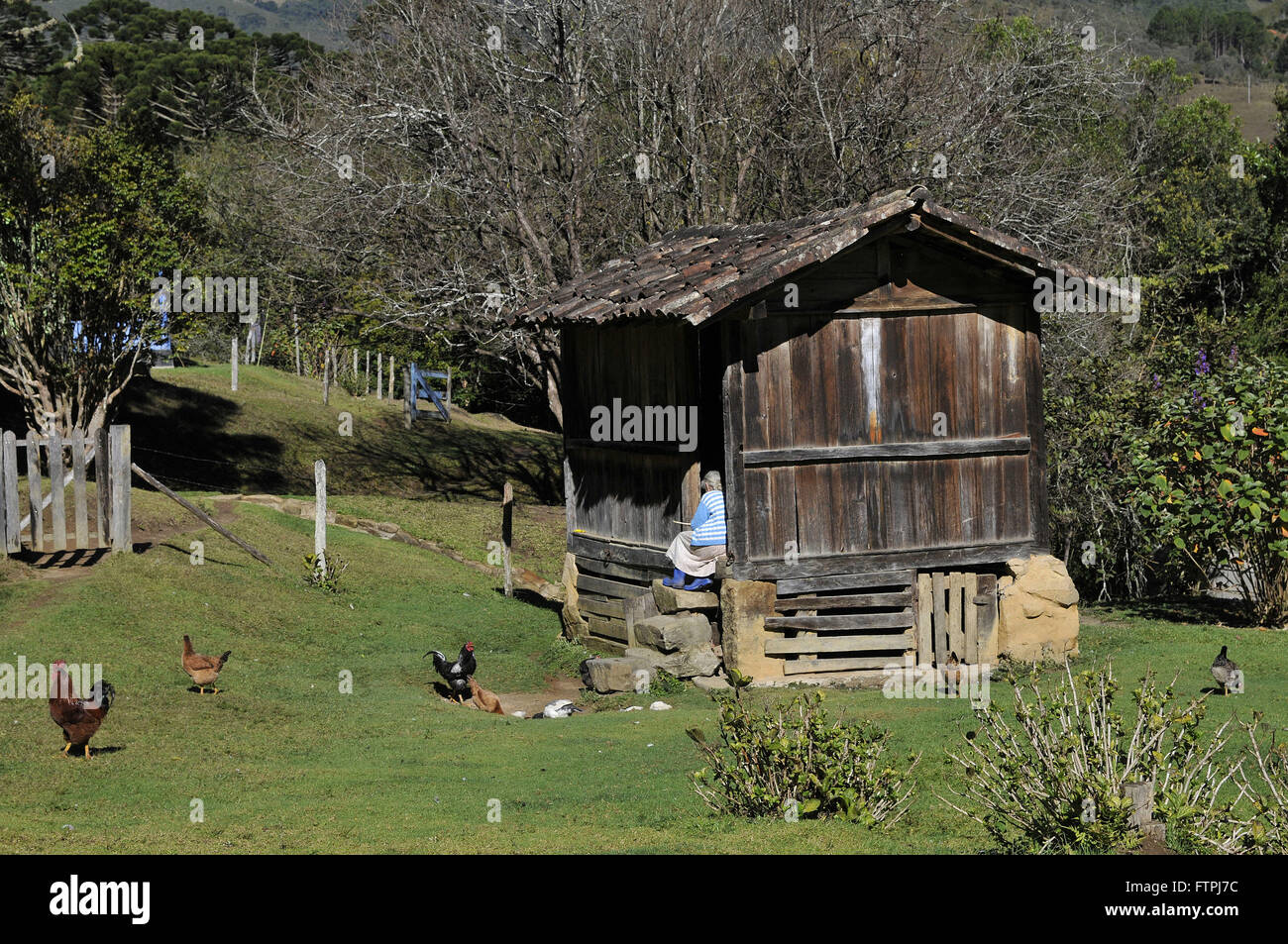 Signora seduta di fronte all'ingresso fienile fattoria di mais nel quartiere Fragaria Foto Stock