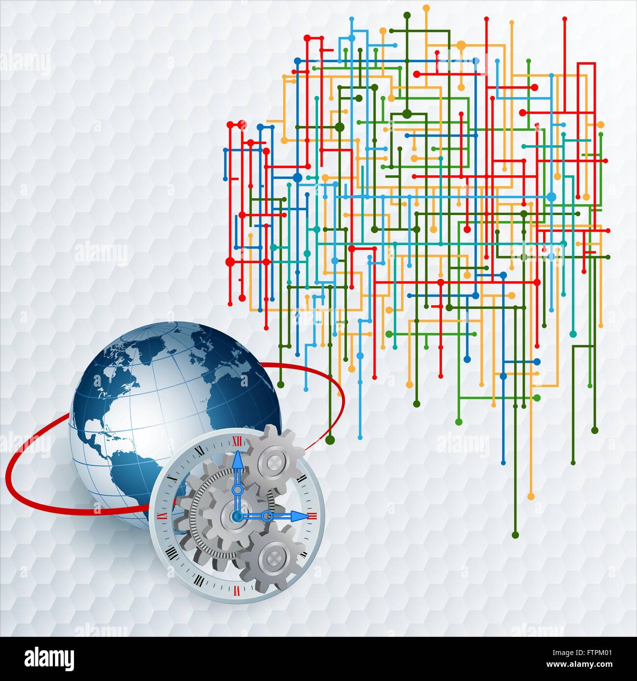 Abstract tre dimensioni dello sfondo con globo terrestre, orologio con 3d  ingranaggi come meccanismo; tecnologici complessi nel web sfondo Immagine e  Vettoriale - Alamy