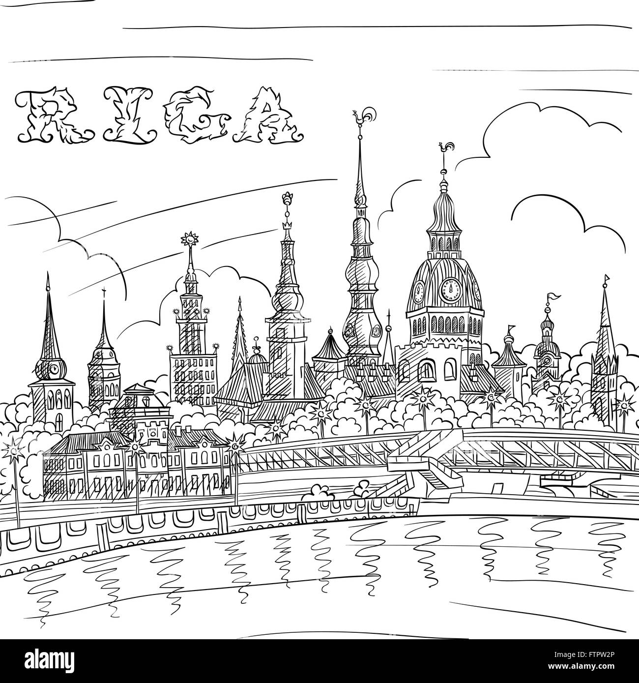 Città Vecchia e il fiume Daugava, Riga, Lettonia Illustrazione Vettoriale